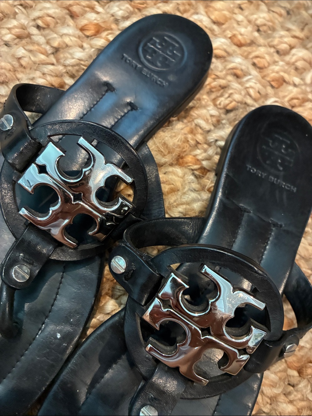 Tory Burch Black Sandals with Silver-Tone Logo Medallions - Picture 9 of 9